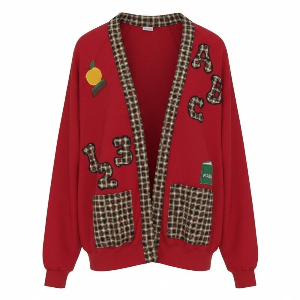 Handcrafted Unique 3XL Red Knit Teacher Core ABC Fleece Cardigan Jacket - Picture 2 of 12